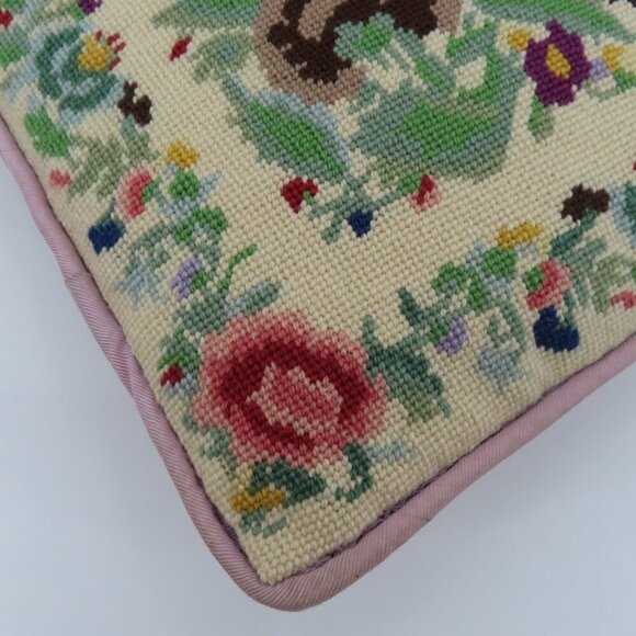 Handmade Multicolor Flower Floral Needlepoint Purple Back Throw Accent Pillow - Picture 4 of 13